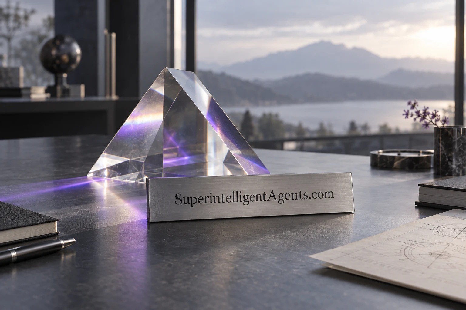 An optical glass prism and the SuperintelligentAgents.com nameplate on a research desk