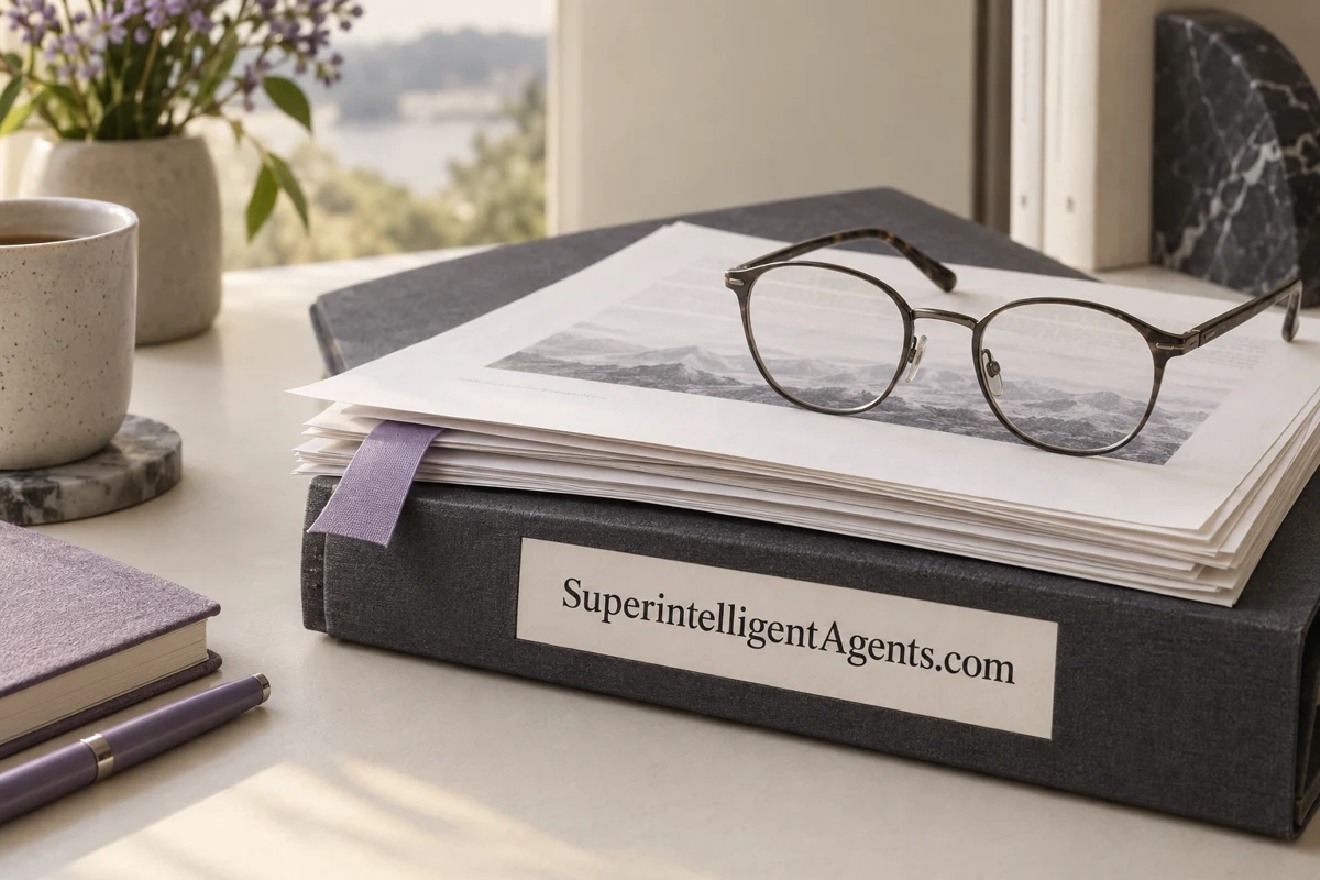 Research reading notes beside a SuperintelligentAgents.com nameplate